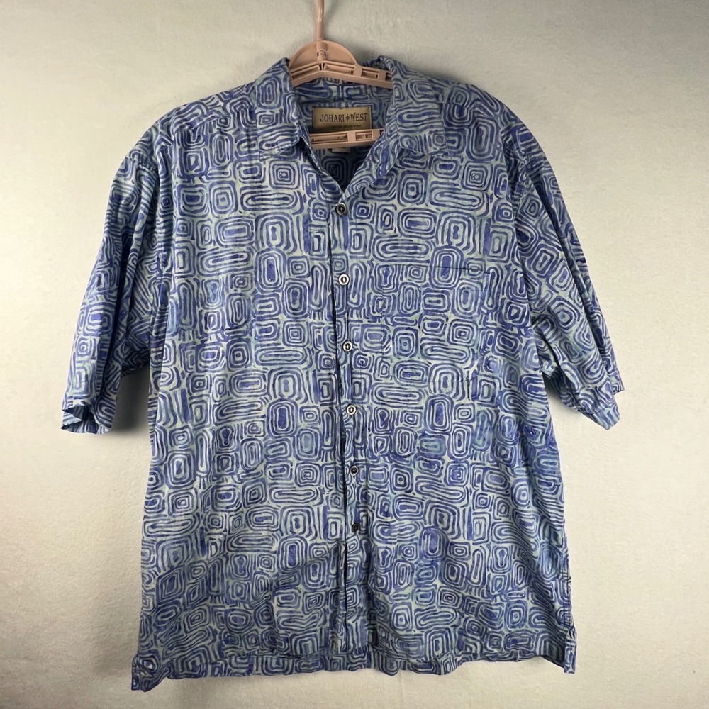 Johari West Mens XL Blue Geometric Batik Hawaiian Shirt Cotton Coastal